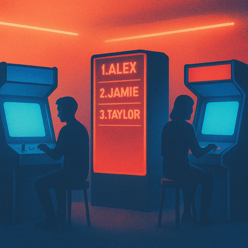 Arcade hub illustration with neon cabinets and leaderboards