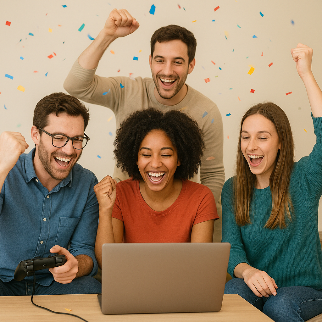 Smiling small team celebrating a high score